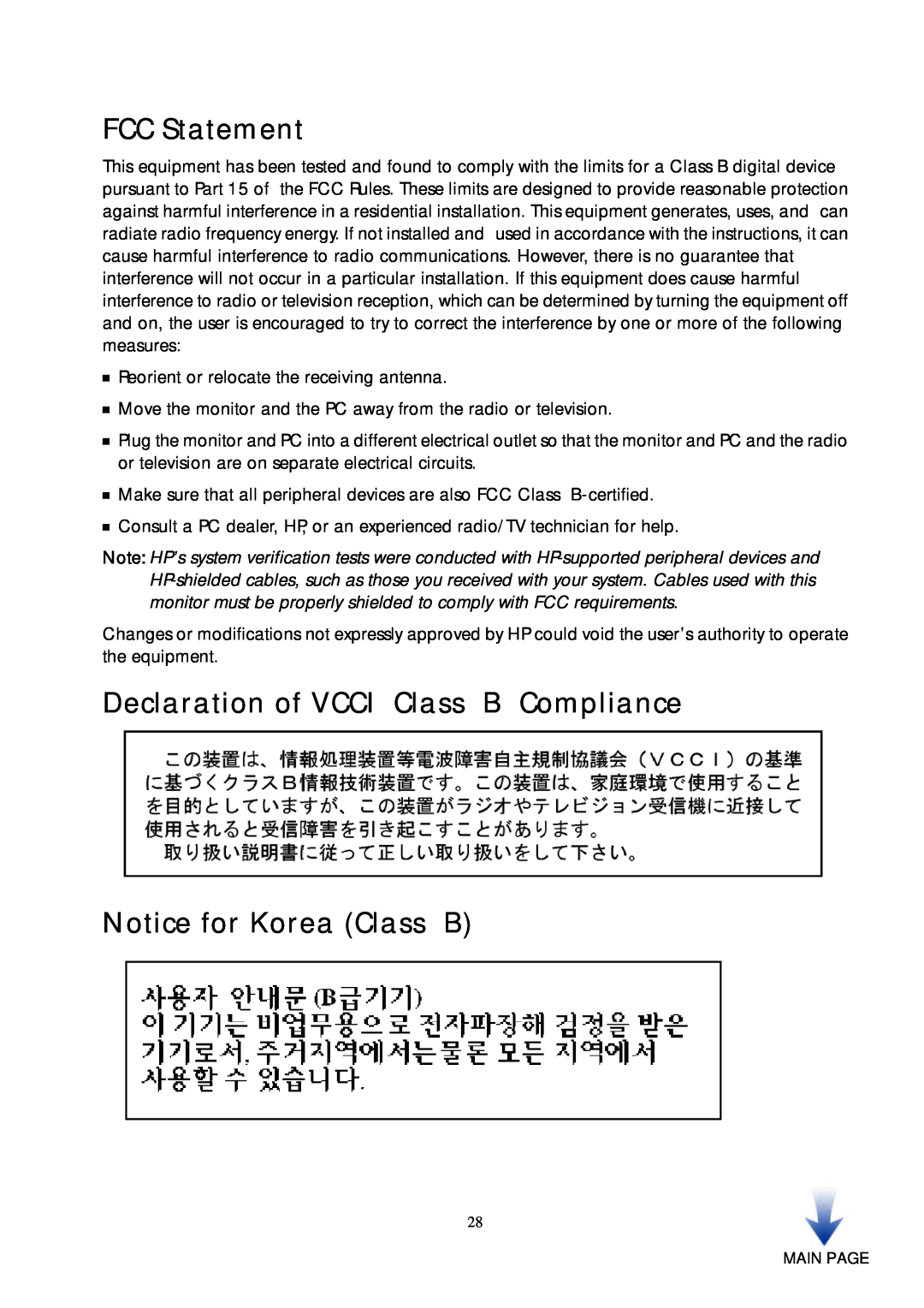HP vf51 15 inch manual FCC Statement, Declaration of VCCI Class B Compliance Notice for Korea Class B 