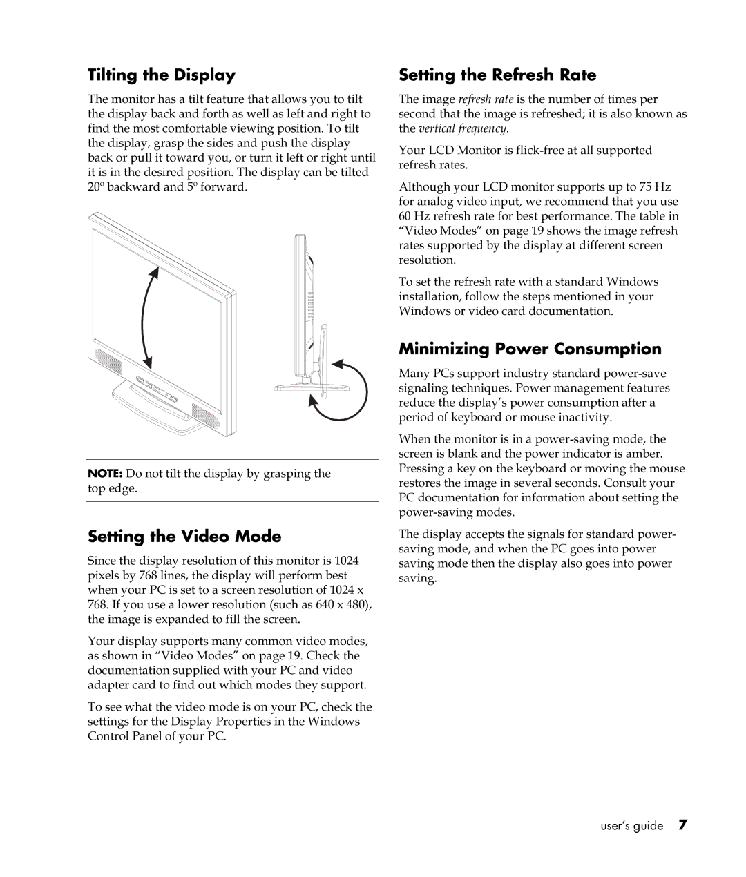 HP VF52 manual Tilting the Display, Setting the Video Mode, Setting the Refresh Rate, Minimizing Power Consumption 