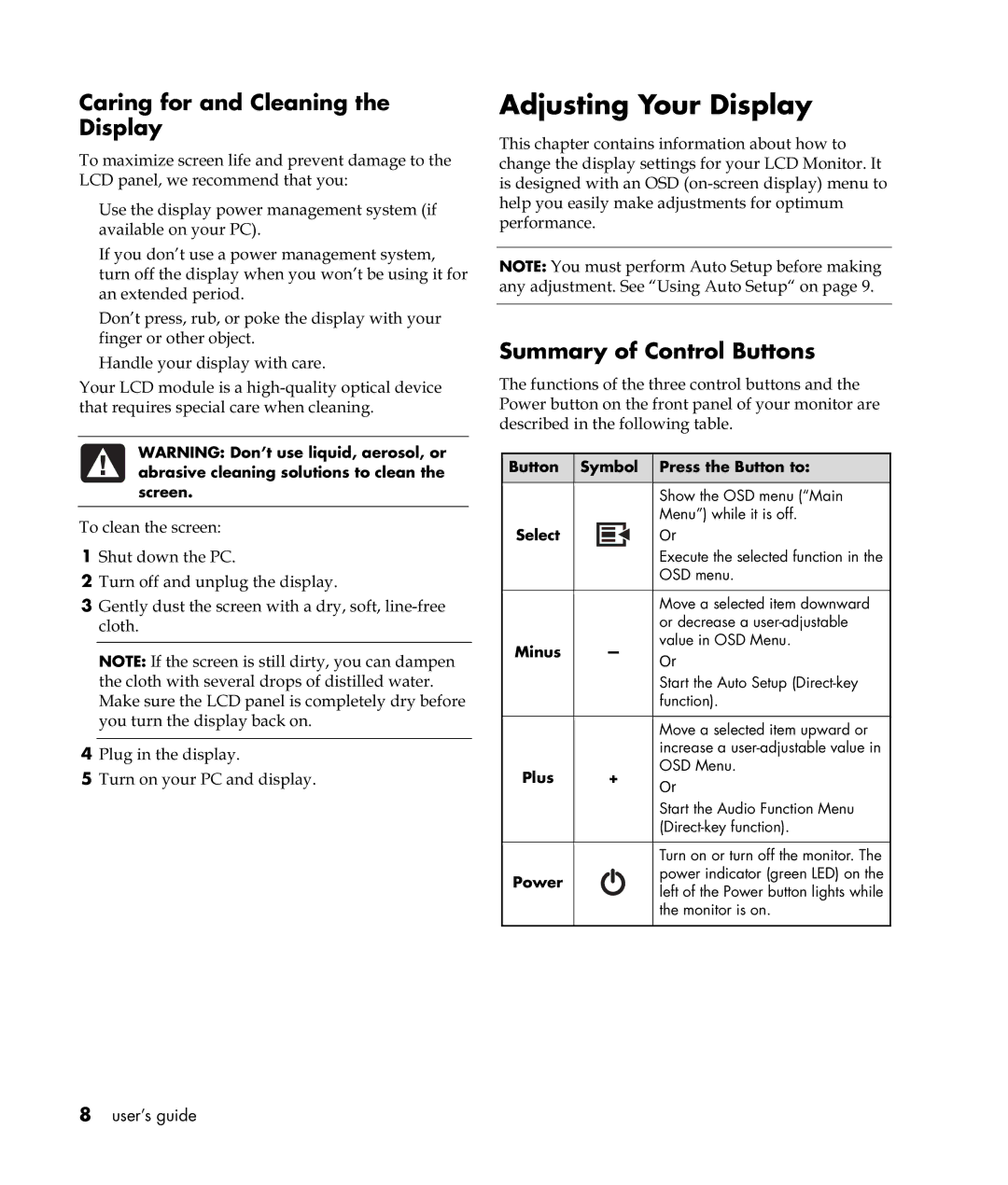 HP VF52 manual Adjusting Your Display, Caring for and Cleaning the Display, Summary of Control Buttons 