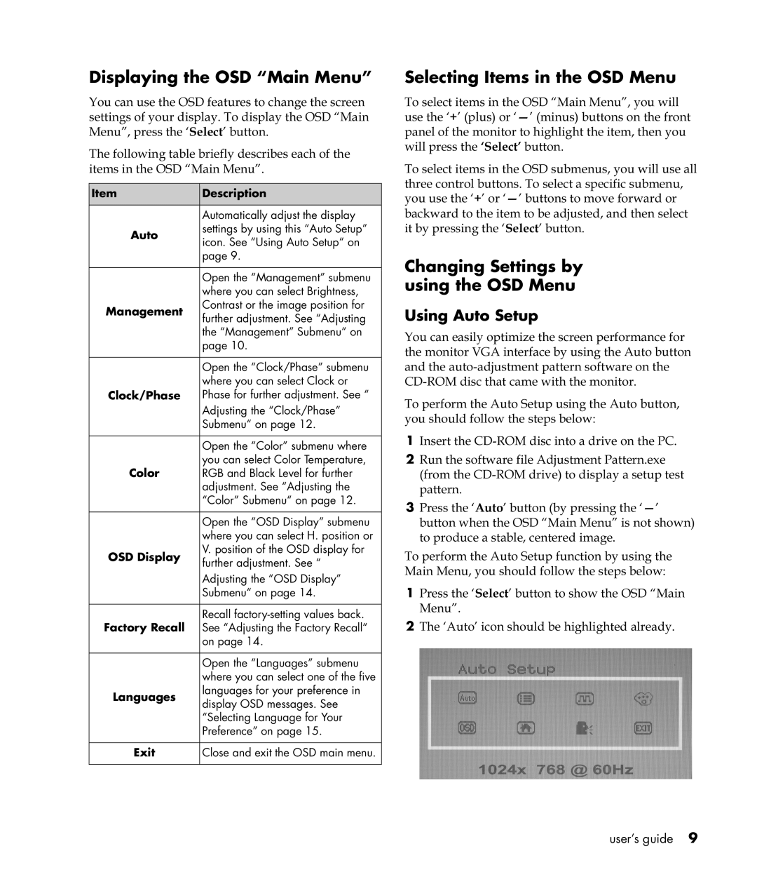 HP VF52 manual Displaying the OSD Main Menu, Selecting Items in the OSD Menu, Changing Settings by using the OSD Menu 