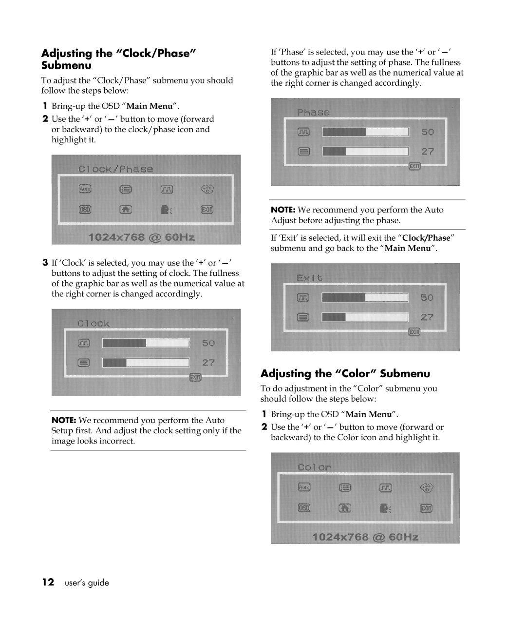 HP VF52 manual Adjusting the Clock/Phase Submenu, Adjusting the Color Submenu 