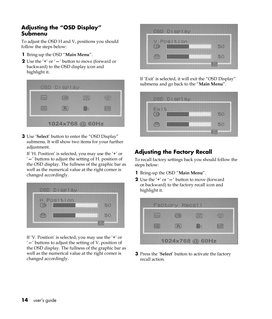 HP VF52 manual Adjusting the OSD Display Submenu, Adjusting the Factory Recall 