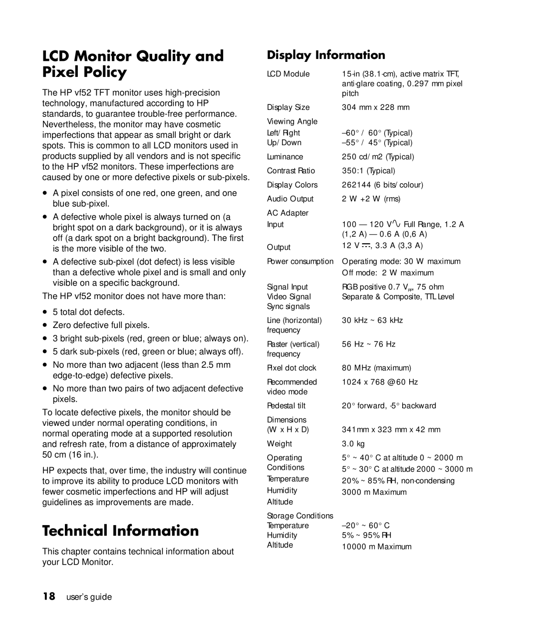 HP VF52 manual LCD Monitor Quality and Pixel Policy, Technical Information, Display Information 