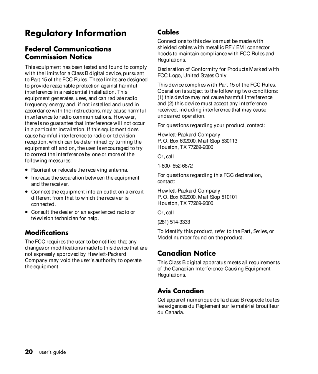 HP VF52 manual Regulatory Information, Federal Communications Commission Notice, Canadian Notice 