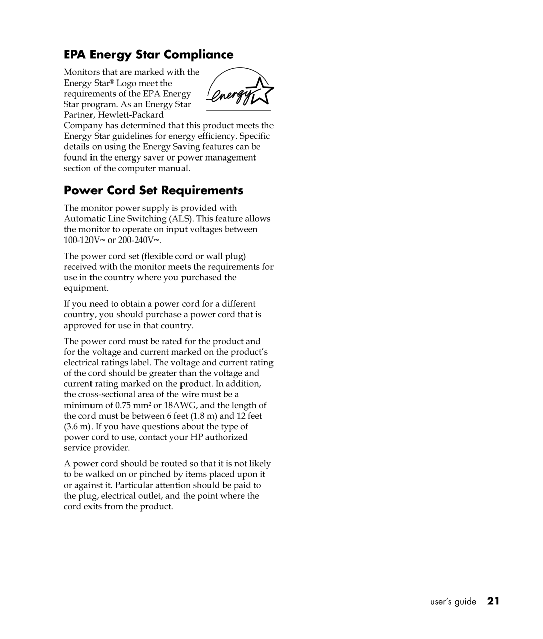 HP VF52 manual EPA Energy Star Compliance, Power Cord Set Requirements 