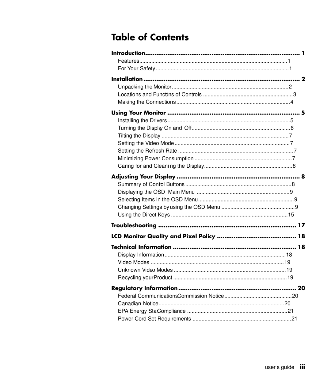 HP VF52 manual Table of Contents 