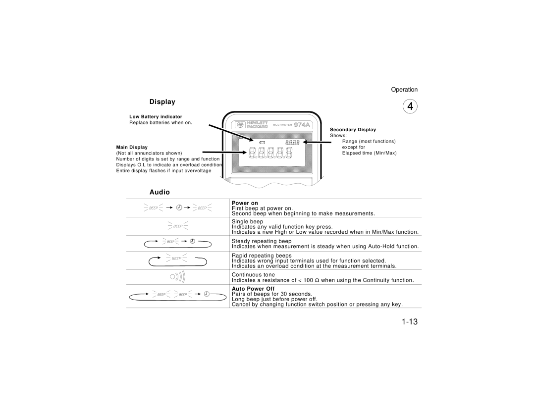 HP Video Game 00974-90002 manual Display, Audio, Power on, Auto Power Off 