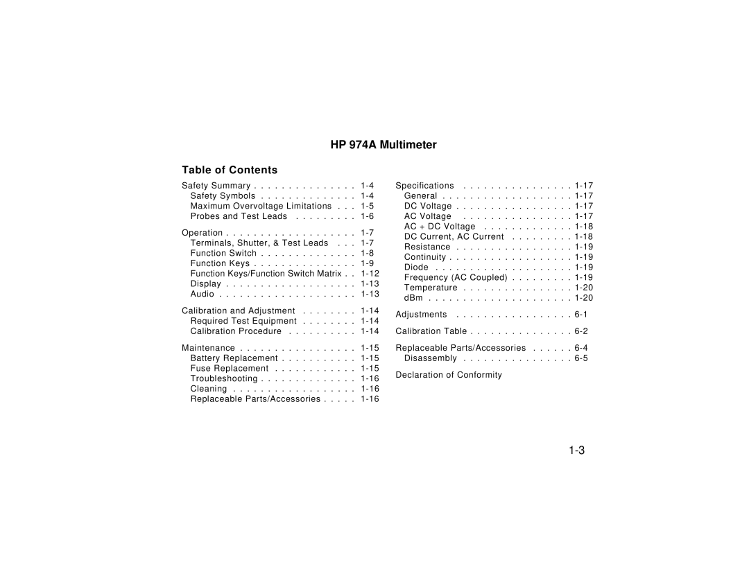 HP Video Game 00974-90002 manual HP 974A Multimeter, Table of Contents 