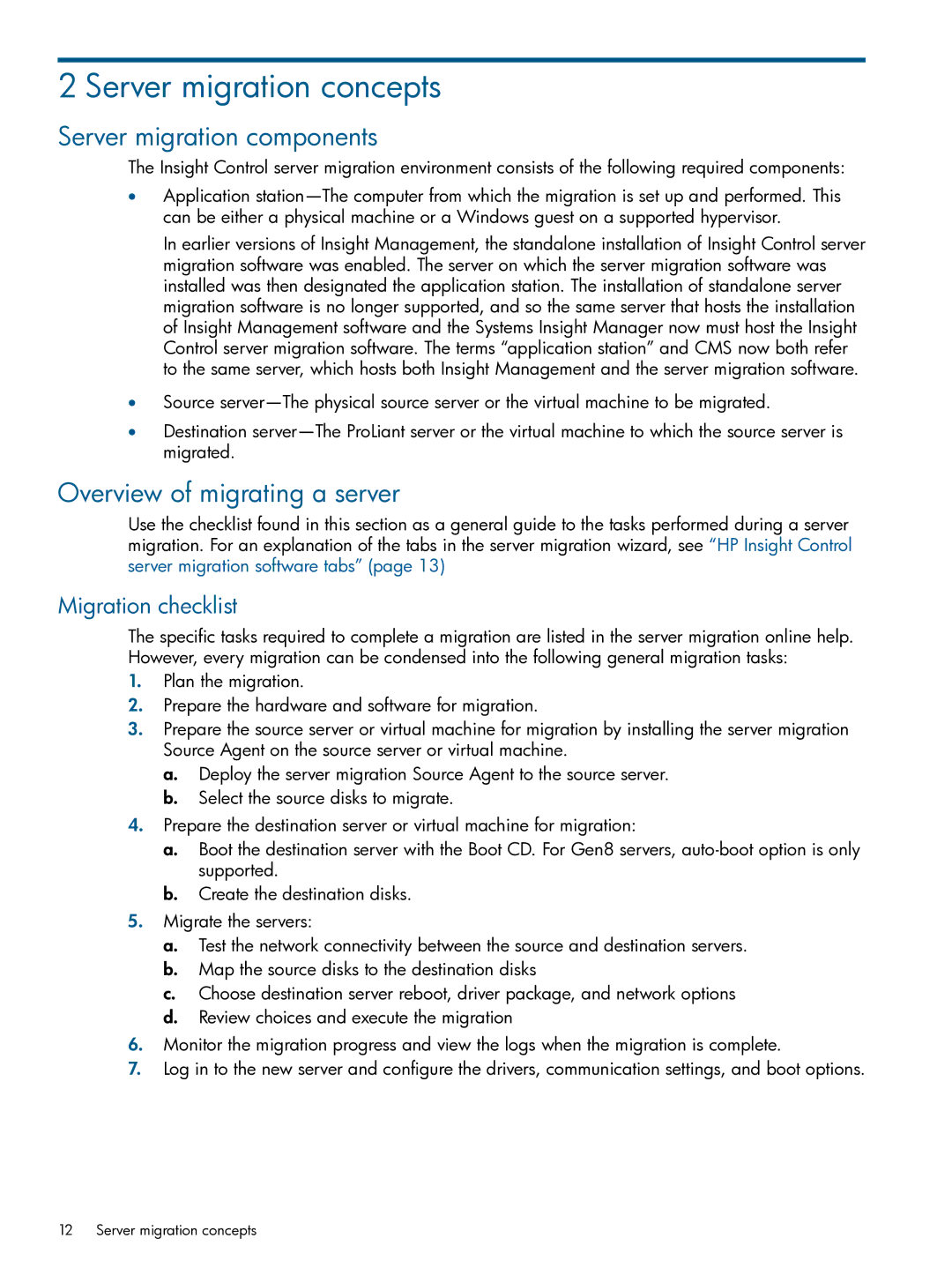 HP Virtual Connect Enterprise Manager Software Server migration concepts, Server migration components, Migration checklist 