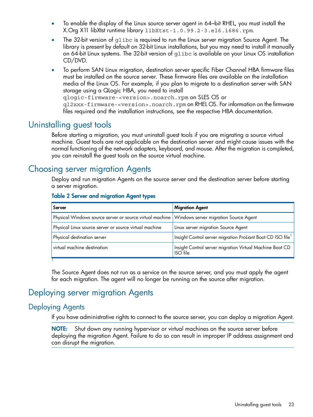 HP Virtual Connect Enterprise Manager Software manual Uninstalling guest tools, Choosing server migration Agents 