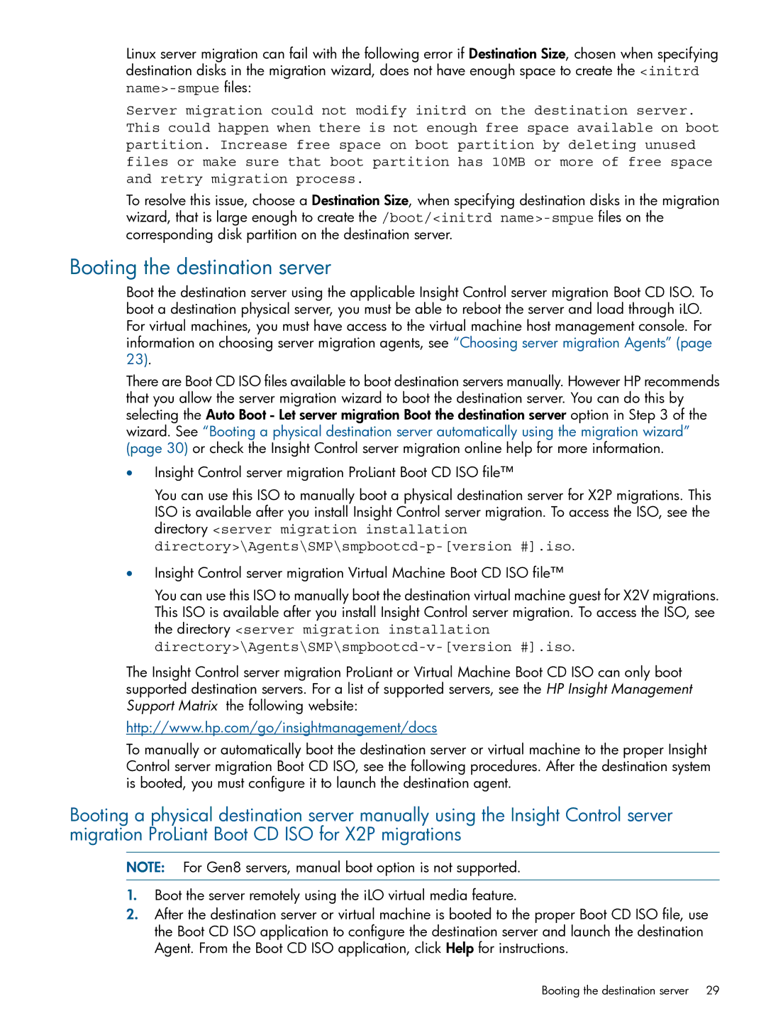 HP Virtual Connect Enterprise Manager Software manual Booting the destination server 