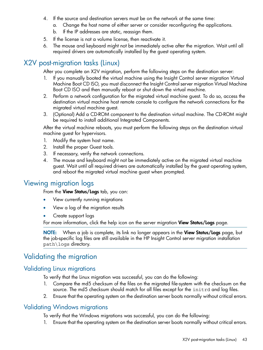 HP Virtual Connect Enterprise Manager Software manual X2V post-migration tasks Linux, Viewing migration logs 