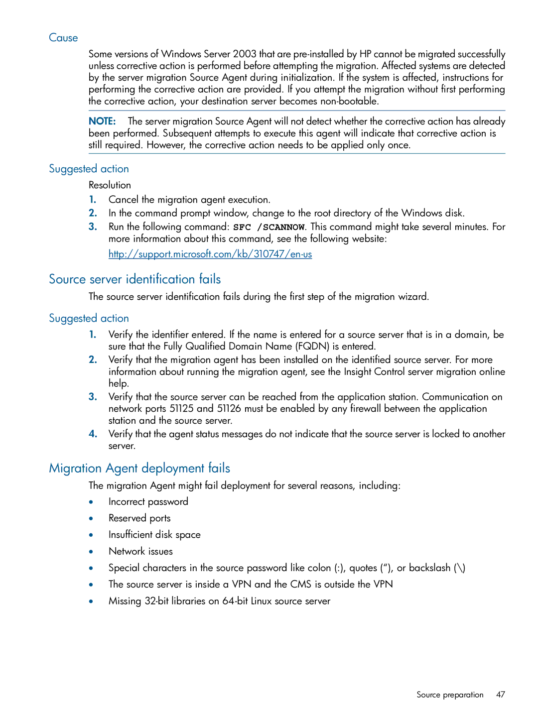 HP Virtual Connect Enterprise Manager Software manual Source server identification fails, Migration Agent deployment fails 