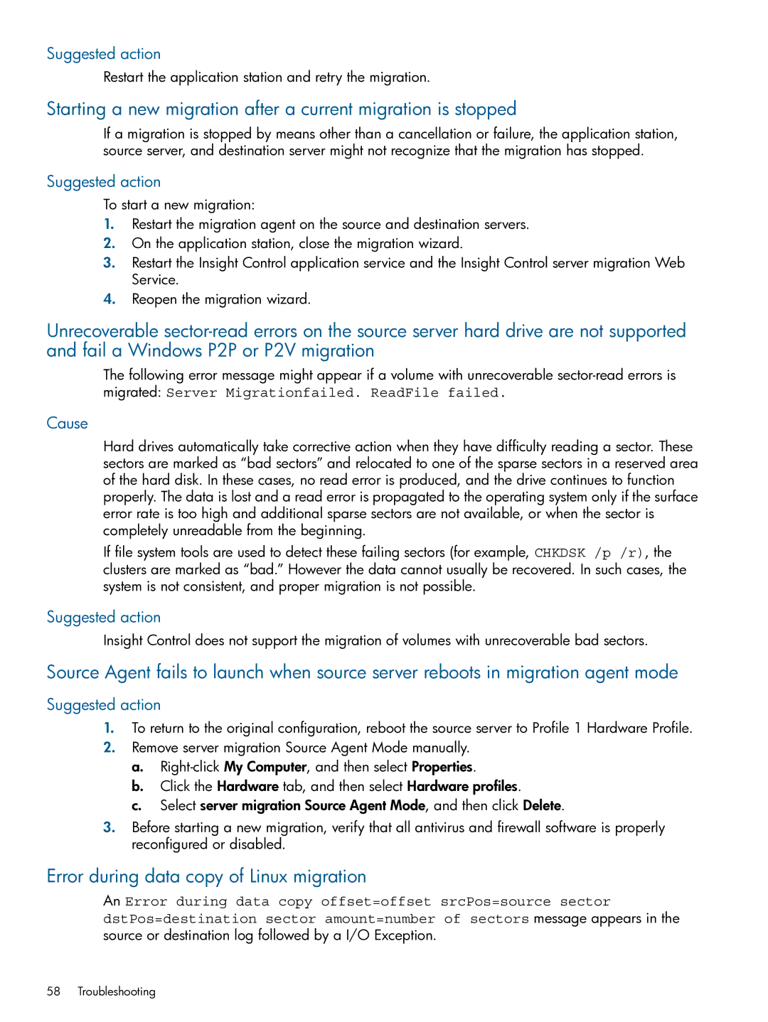 HP Virtual Connect Enterprise Manager Software manual Error during data copy of Linux migration 