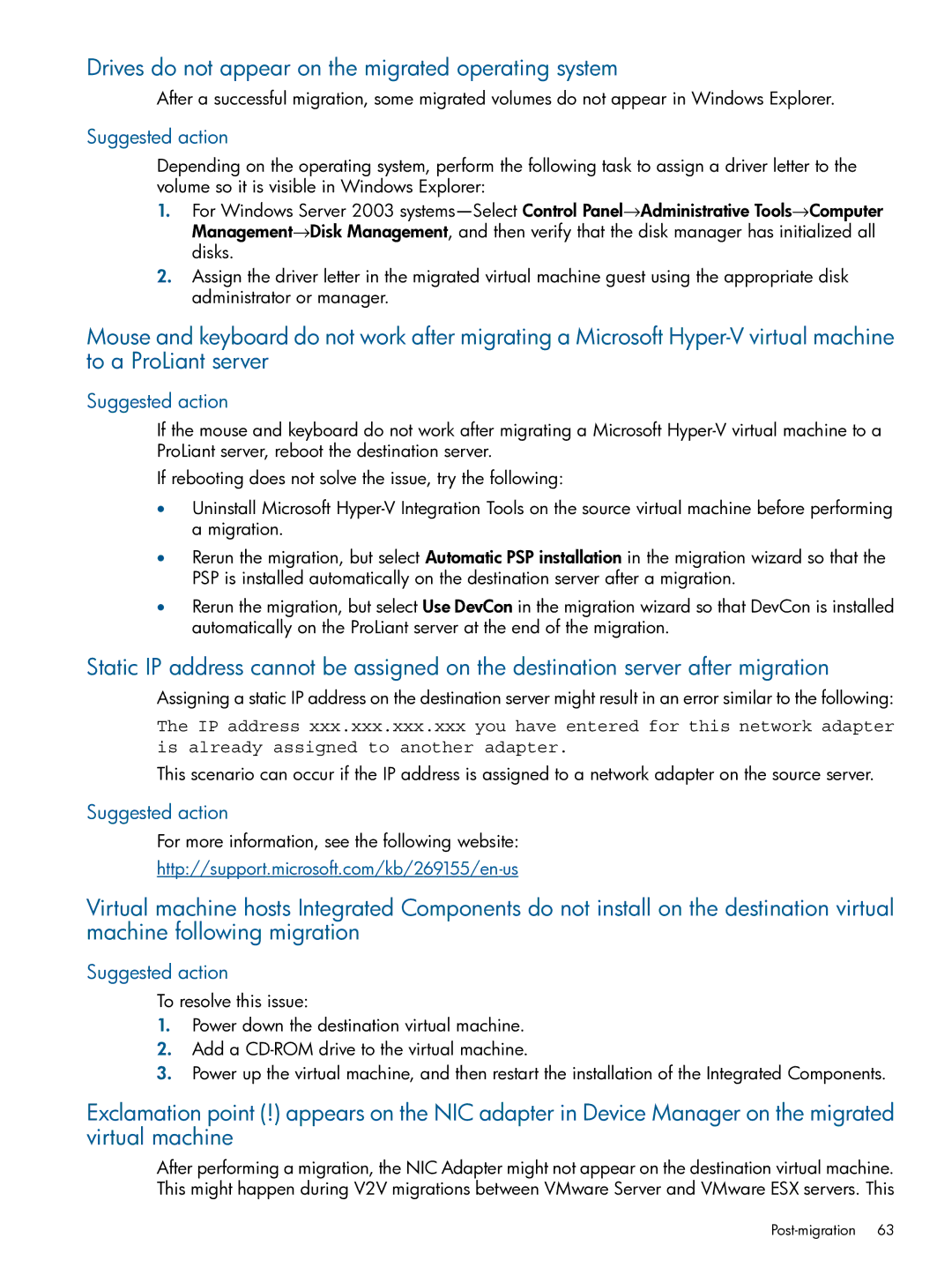 HP Virtual Connect Enterprise Manager Software manual Drives do not appear on the migrated operating system 