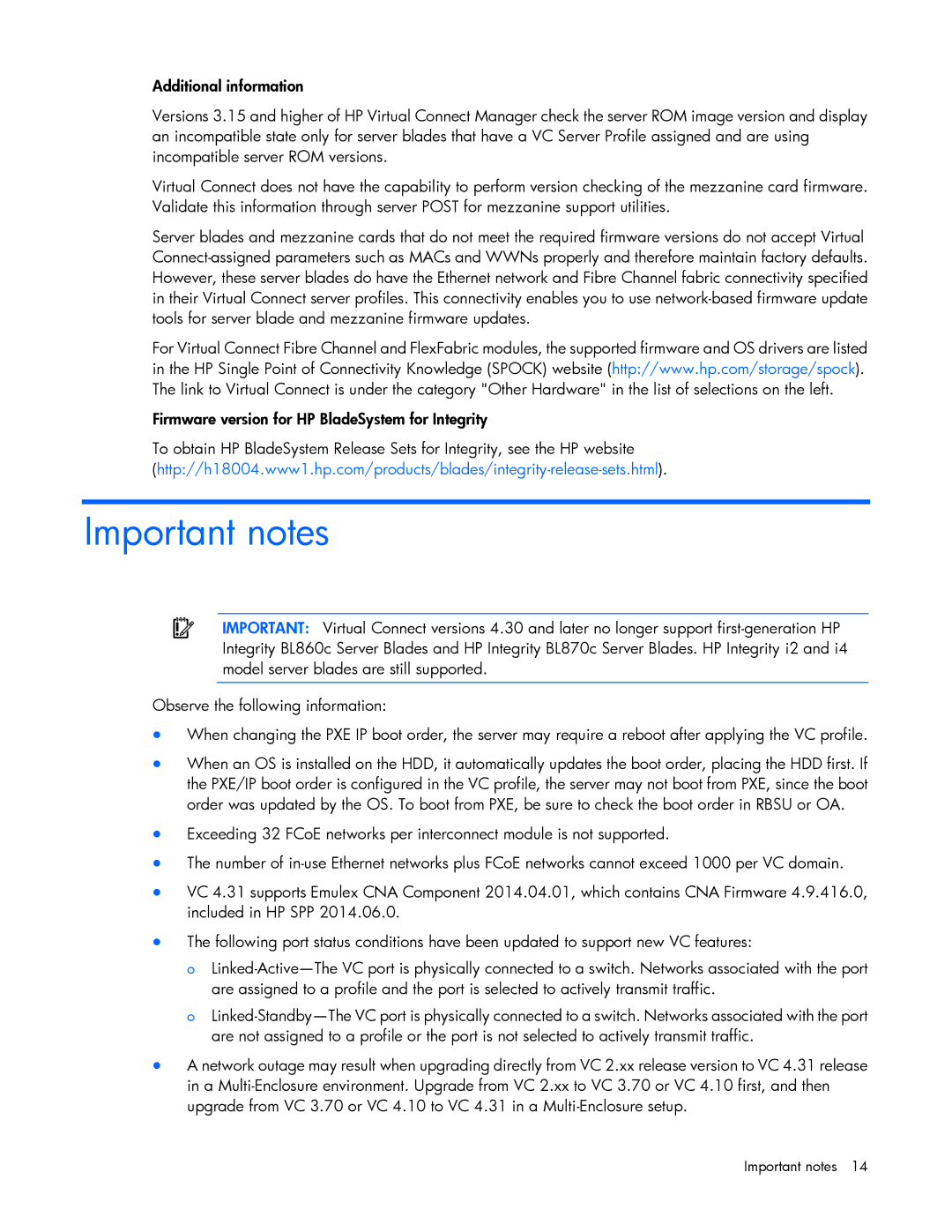 HP Virtual Connect Firmware manual Important notes 