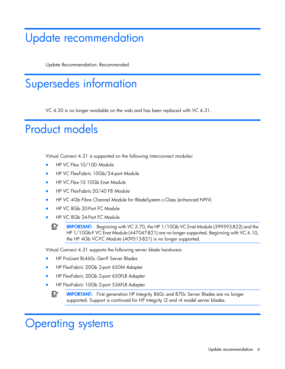 HP Virtual Connect Firmware manual Update recommendation, Supersedes information, Product models, Operating systems 