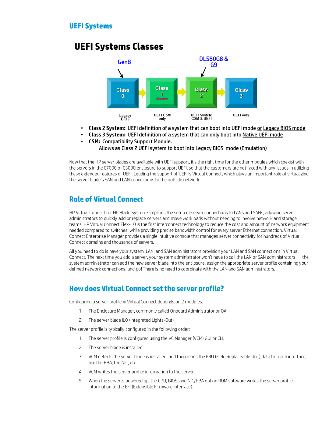 HP Virtual Connect Firmware manual Uefi Systems, Role of Virtual Connect, How does Virtual Connect set the server profile? 