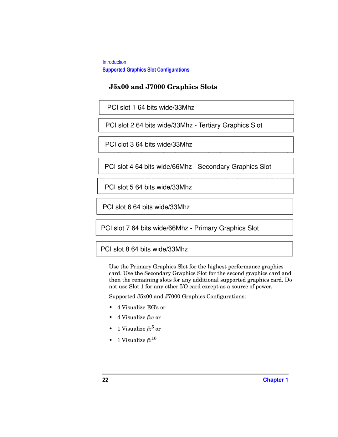 HP VISUALIZE fxe, fx5 and fx10 Graphics Family E0601 manual J5x00 and J7000 Graphics Slots 