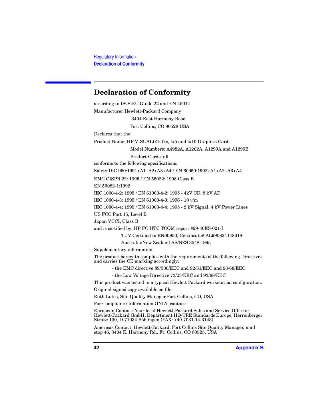 HP VISUALIZE fxe, fx5 and fx10 Graphics Family E0601 manual Declaration of Conformity 