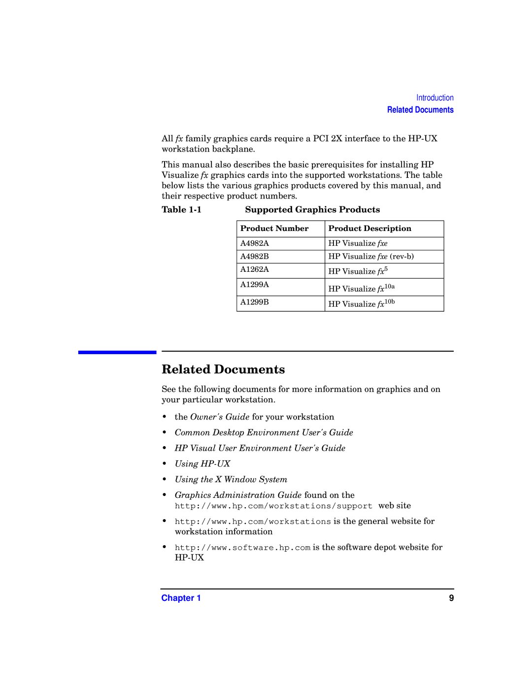 HP VISUALIZE fxe, fx5 and fx10 Graphics Family E0601 manual Related Documents, Supported Graphics Products 