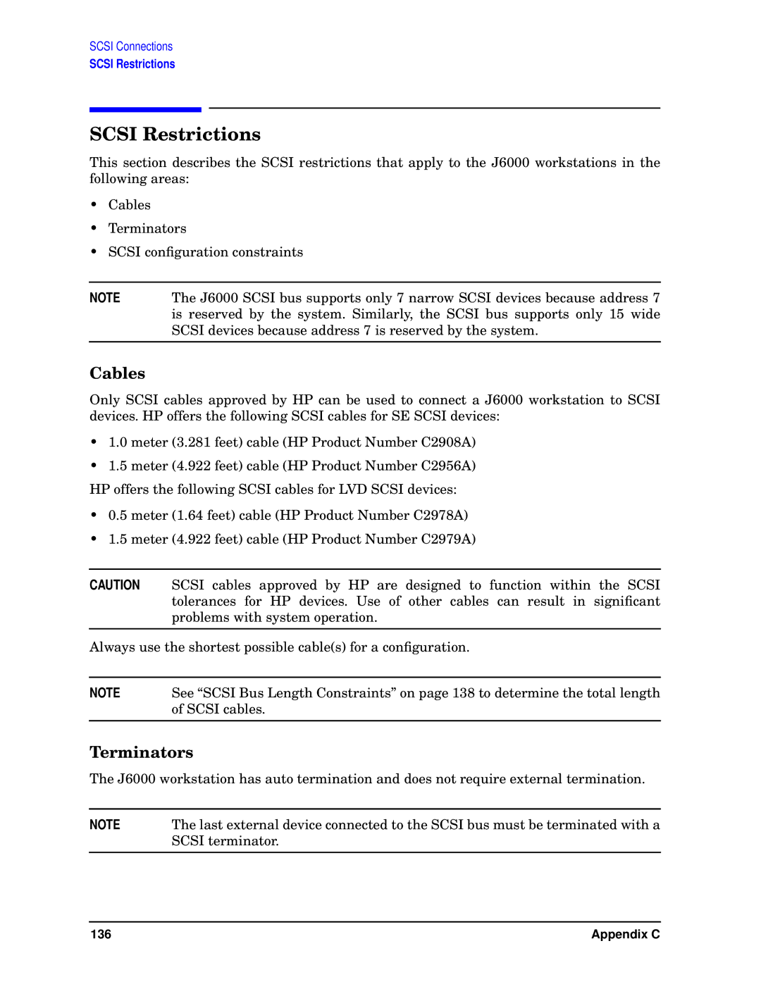 HP visualize J6000 work stations manual Scsi Restrictions, Cables, Terminators 