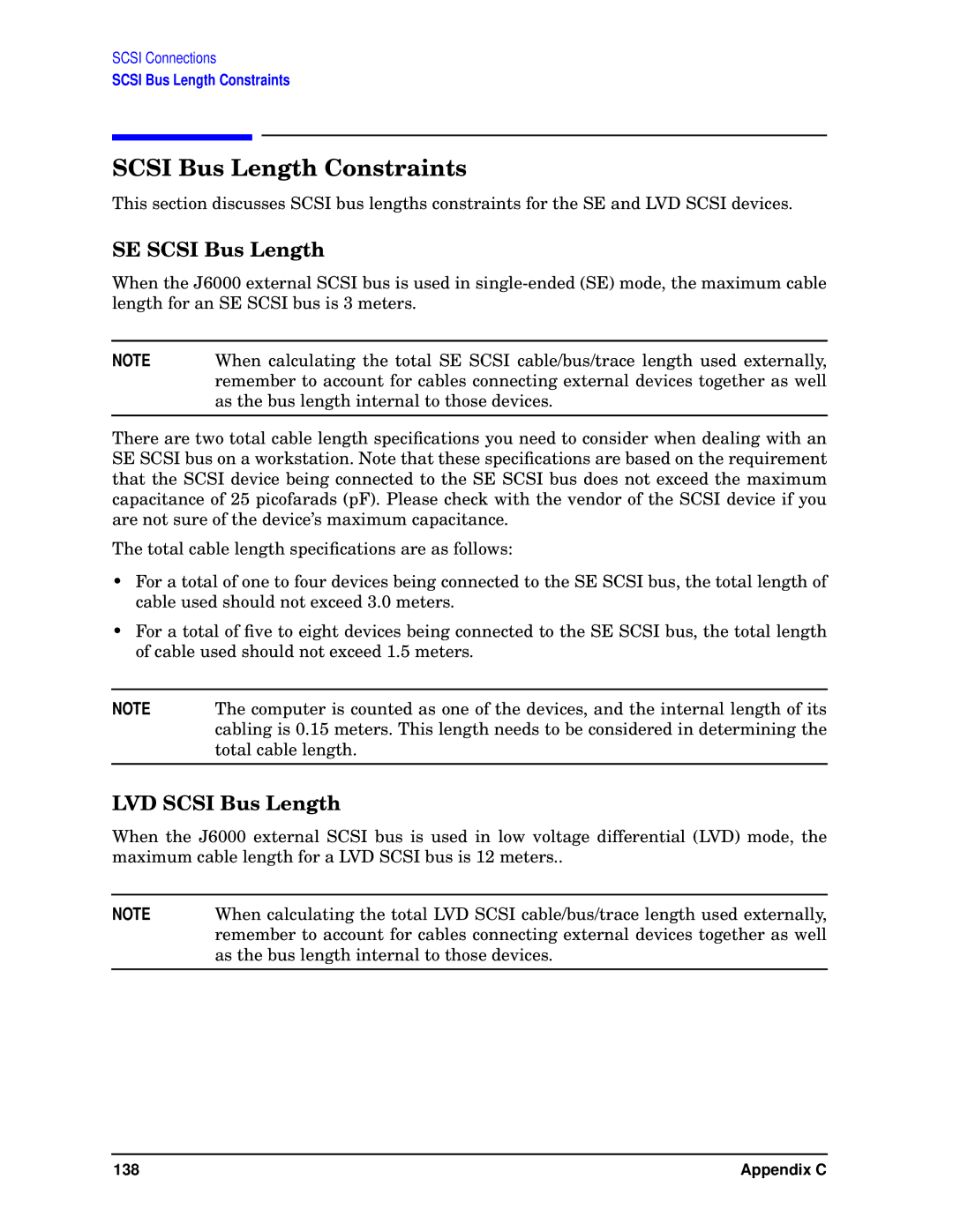 HP visualize J6000 work stations manual Scsi Bus Length Constraints, SE Scsi Bus Length, LVD Scsi Bus Length 