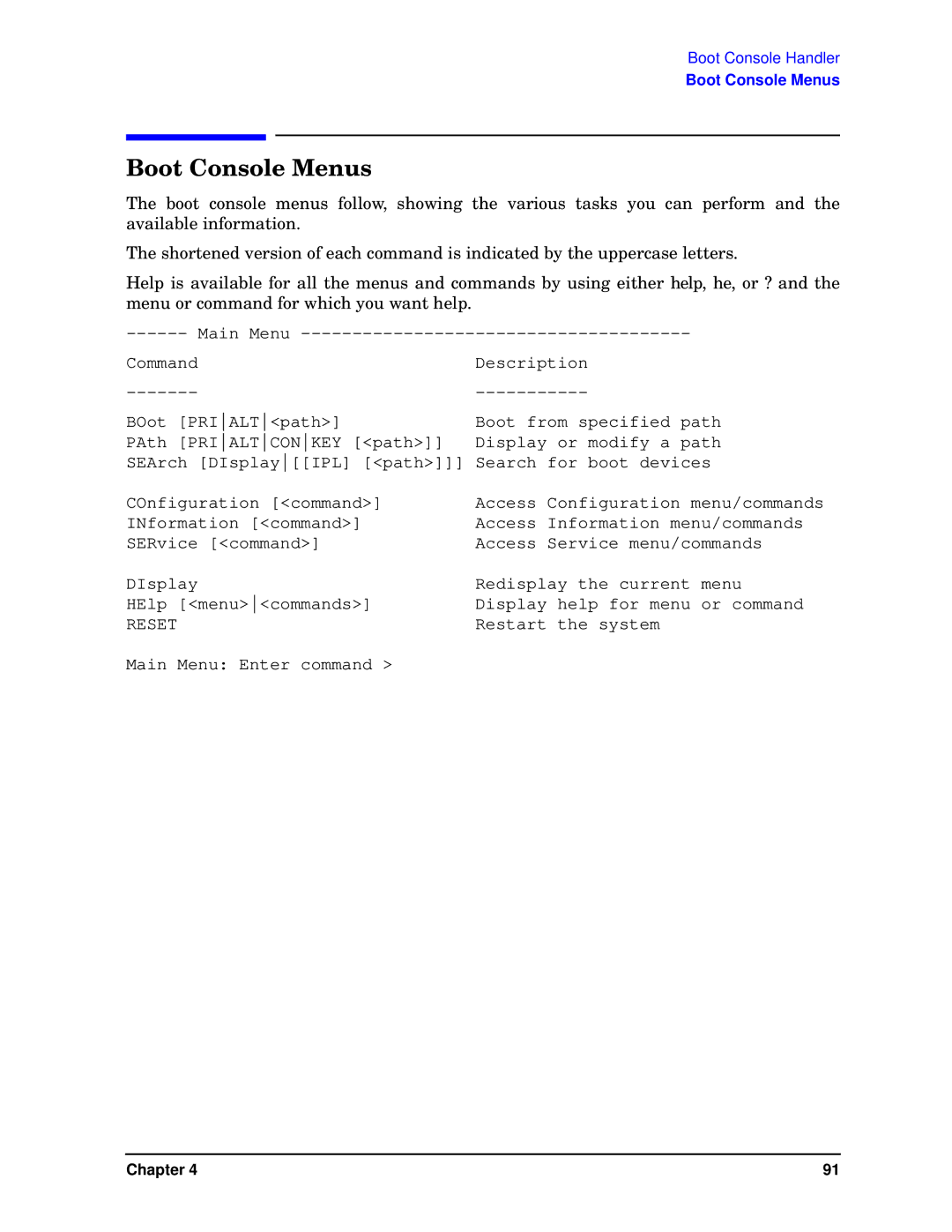 HP visualize J6000 work stations manual Boot Console Menus, Reset 