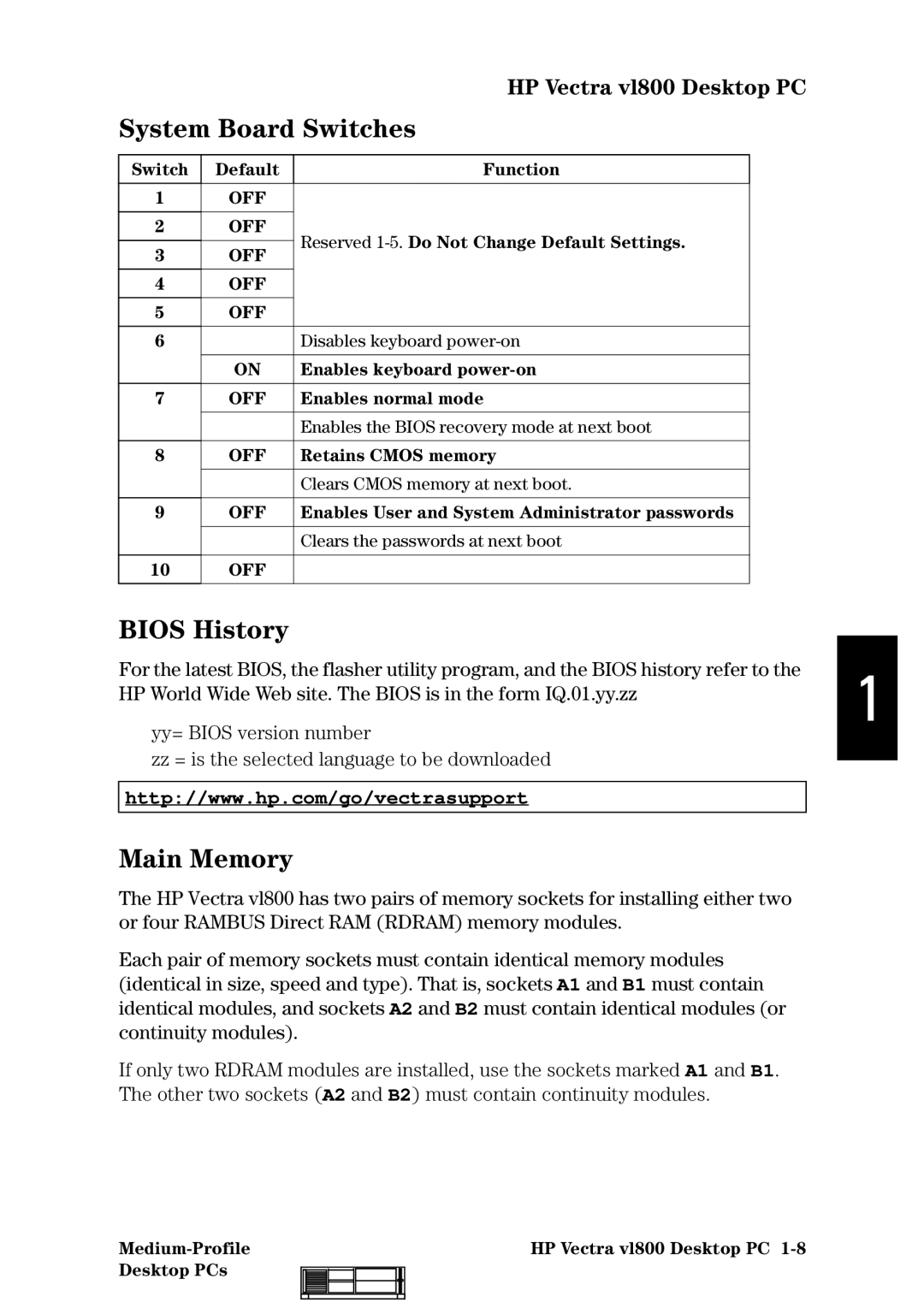 HP vl800 manual System Board Switches, Bios History, Main Memory 