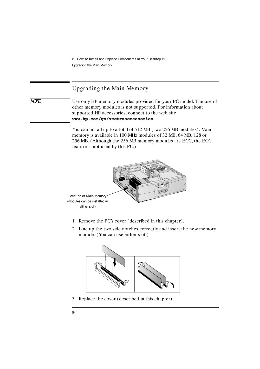 HP VLI 8 Upgrading the Main Memory, Supported HP accessories, connect to the web site, Feature is not used by this PC 