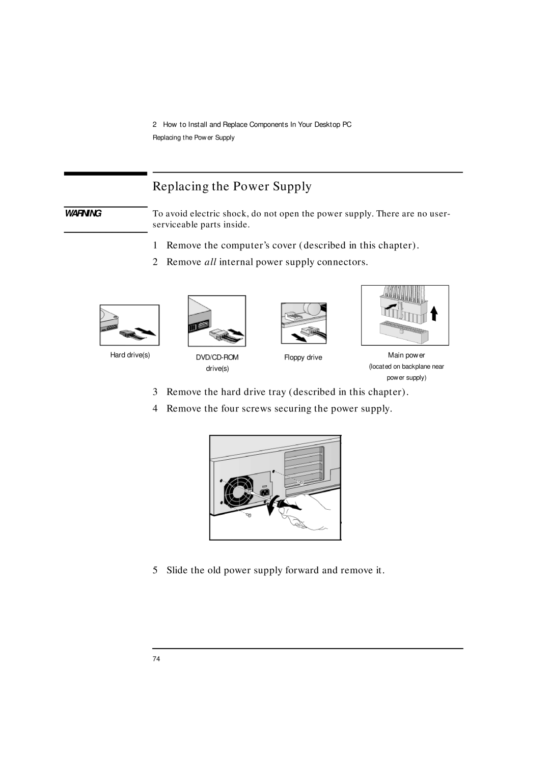 HP VLI 8 manual Replacing the Power Supply, Remove all internal power supply connectors 