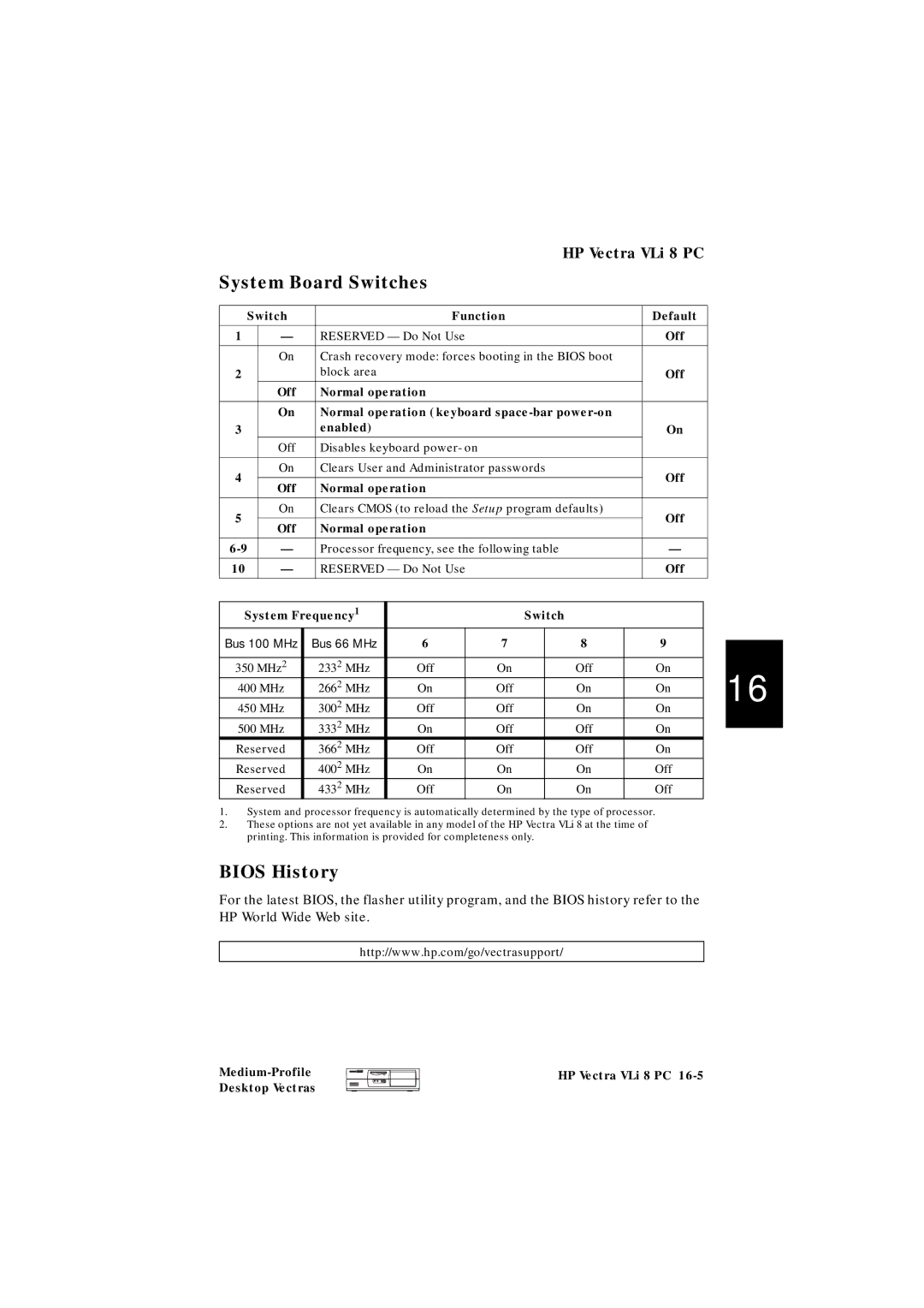 HP VLI 8 Switch Function Default Reserved Do Not Use, Clears User and Administrator passwords, System Frequency1 Switch 