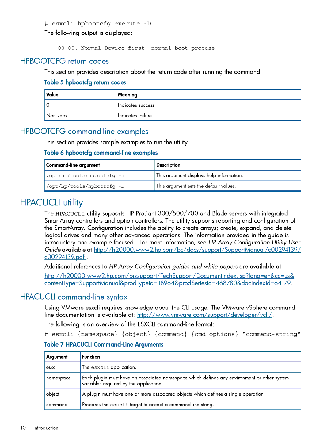 HP VMware Virtualization Software for Servers Hpacucli utility, Hpbootcfg return codes, Hpbootcfg command-line examples 