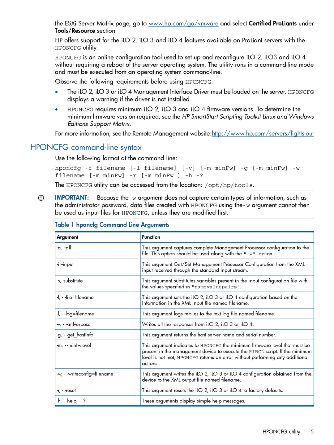 HP VMware Virtualization Software for Servers manual Hponcfg command-line syntax, Hponcfg Command Line Arguments 