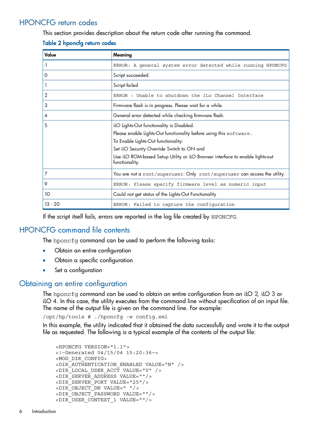 HP VMware Virtualization Software for Servers manual Hponcfg return codes, Hponcfg command file contents 