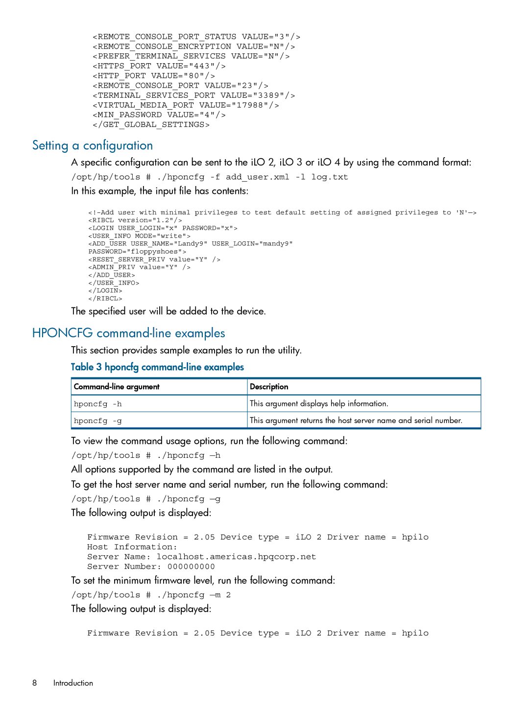 HP VMware Virtualization Software for Servers manual Setting a configuration, Hponcfg command-line examples 