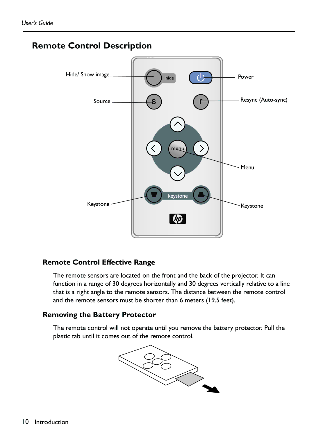 HP Vp6111 manual Remote Control Description, Remote Control Effective Range, Removing the Battery Protector 