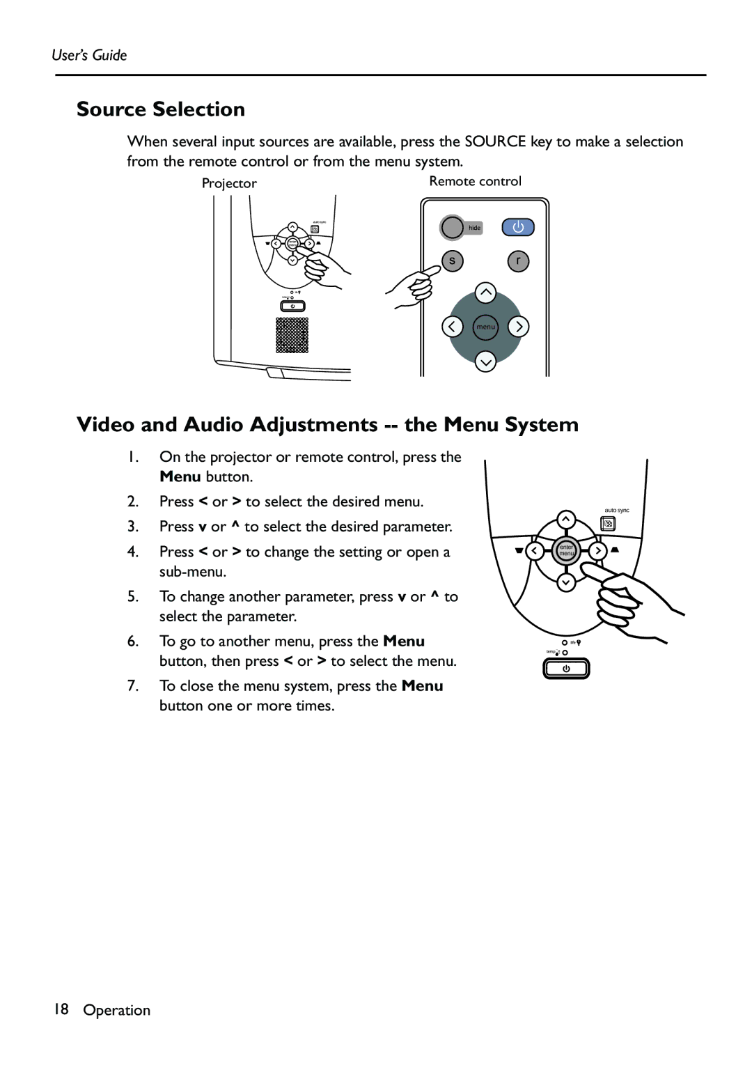 HP Vp6111 manual Source Selection, Video and Audio Adjustments -- the Menu System 