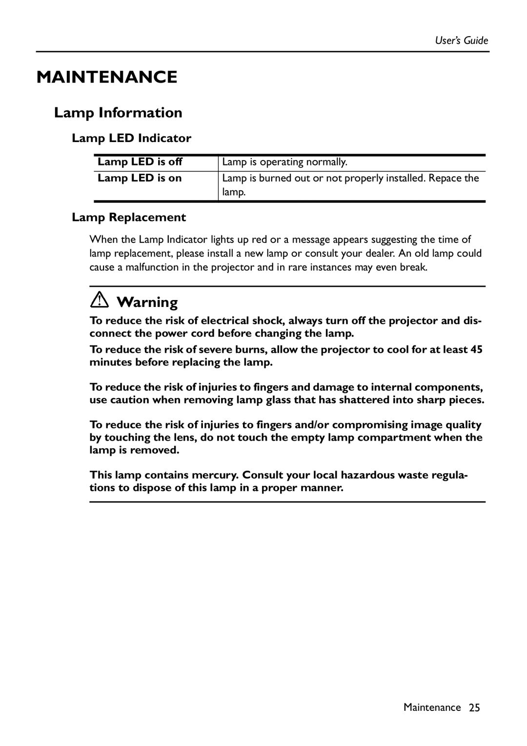 HP Vp6111 manual Maintenance, Lamp Information, Lamp LED Indicator, Lamp Replacement 