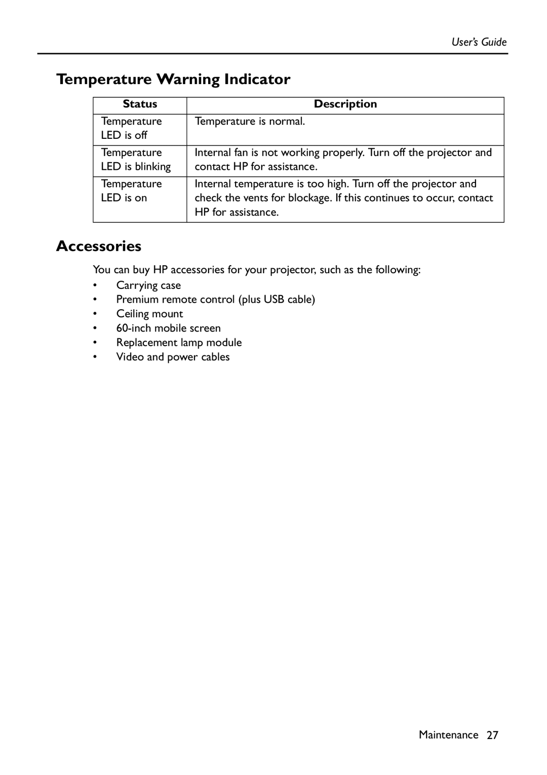 HP Vp6111 manual Temperature Warning Indicator, Accessories, Status Description 