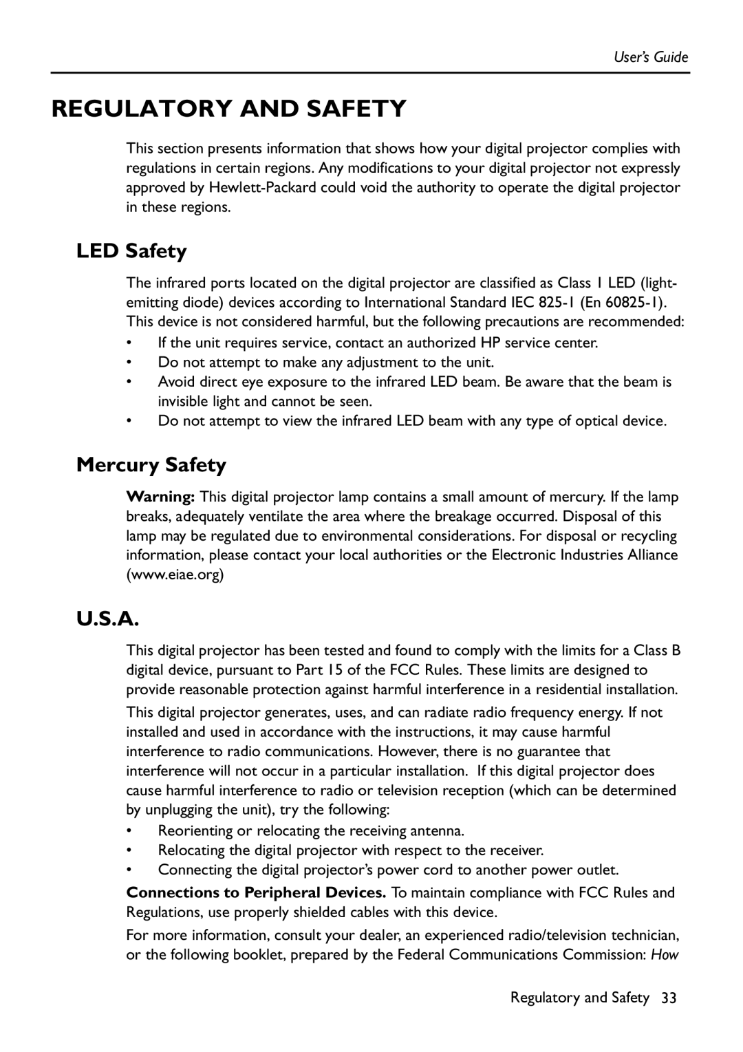 HP Vp6111 manual Regulatory and Safety, LED Safety, Mercury Safety 