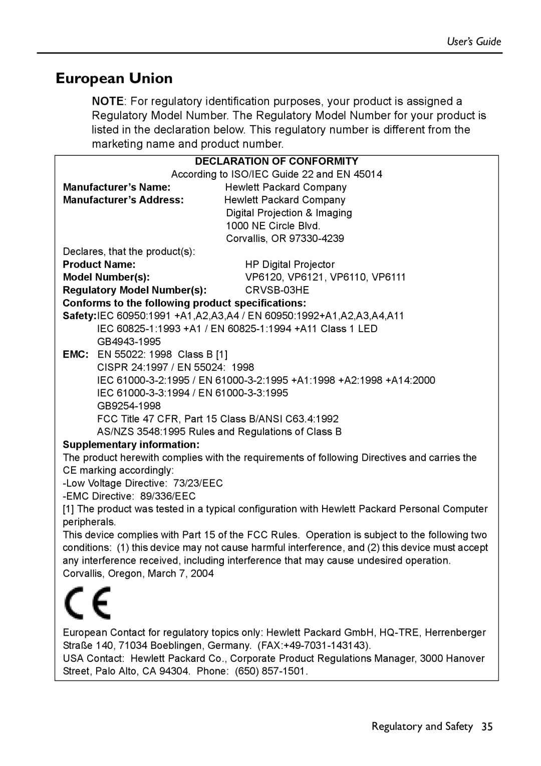 HP Vp6111 manual European Union, Declaration of Conformity 