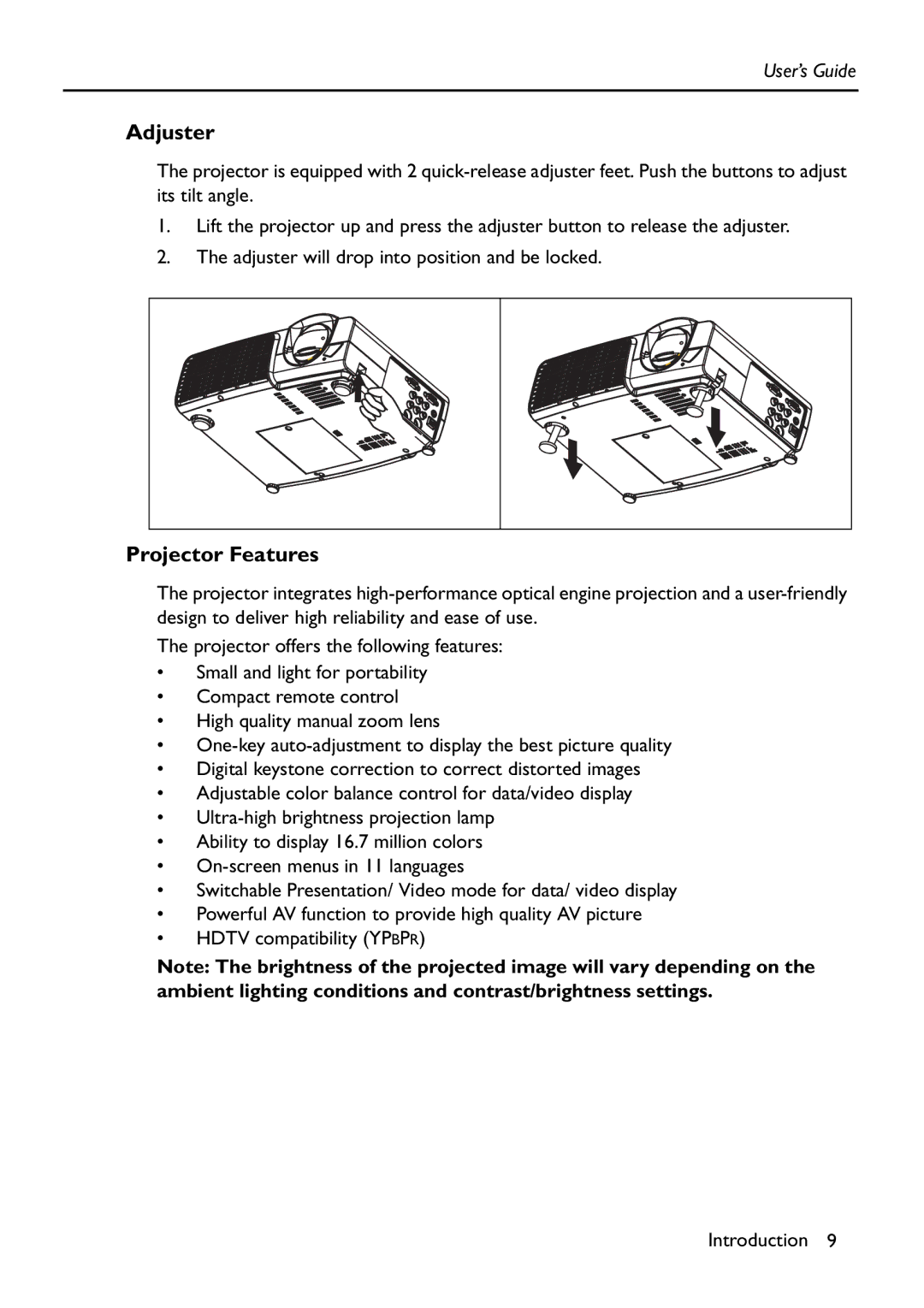 HP Vp6111 manual Adjuster, Projector Features 