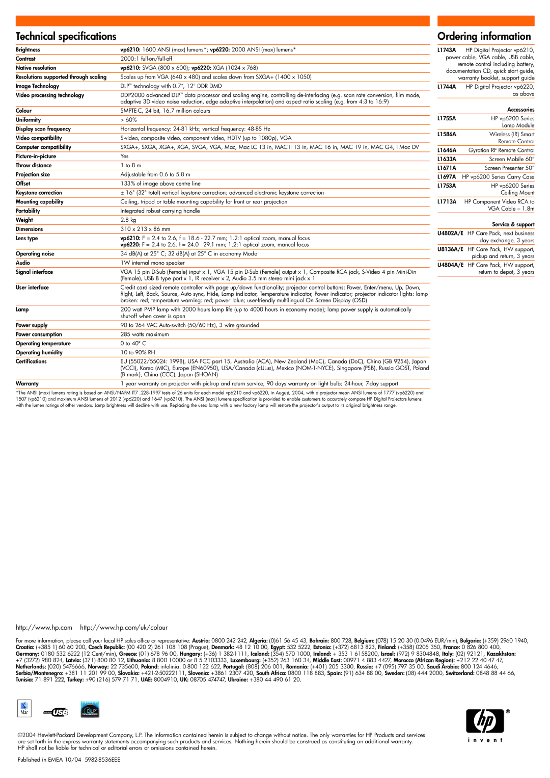 HP vp6200 manual Technical specifications, Ordering information 