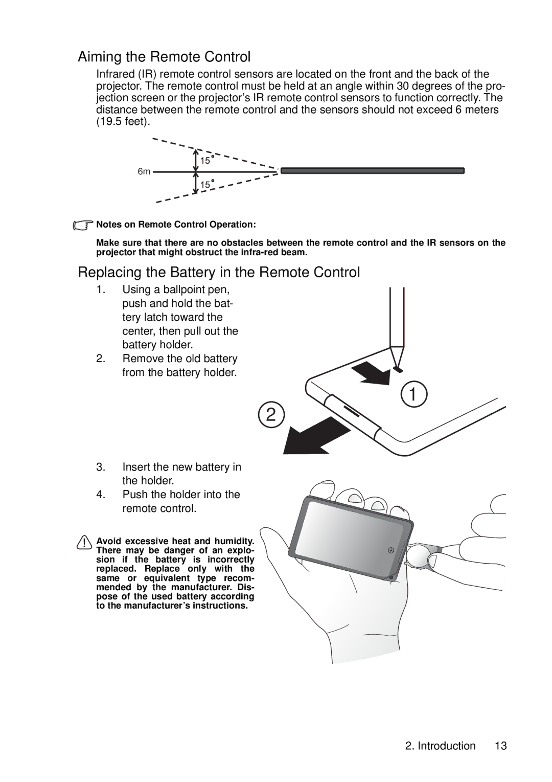 HP vp6220, vp6210 manual Aiming the Remote Control, Replacing the Battery in the Remote Control 