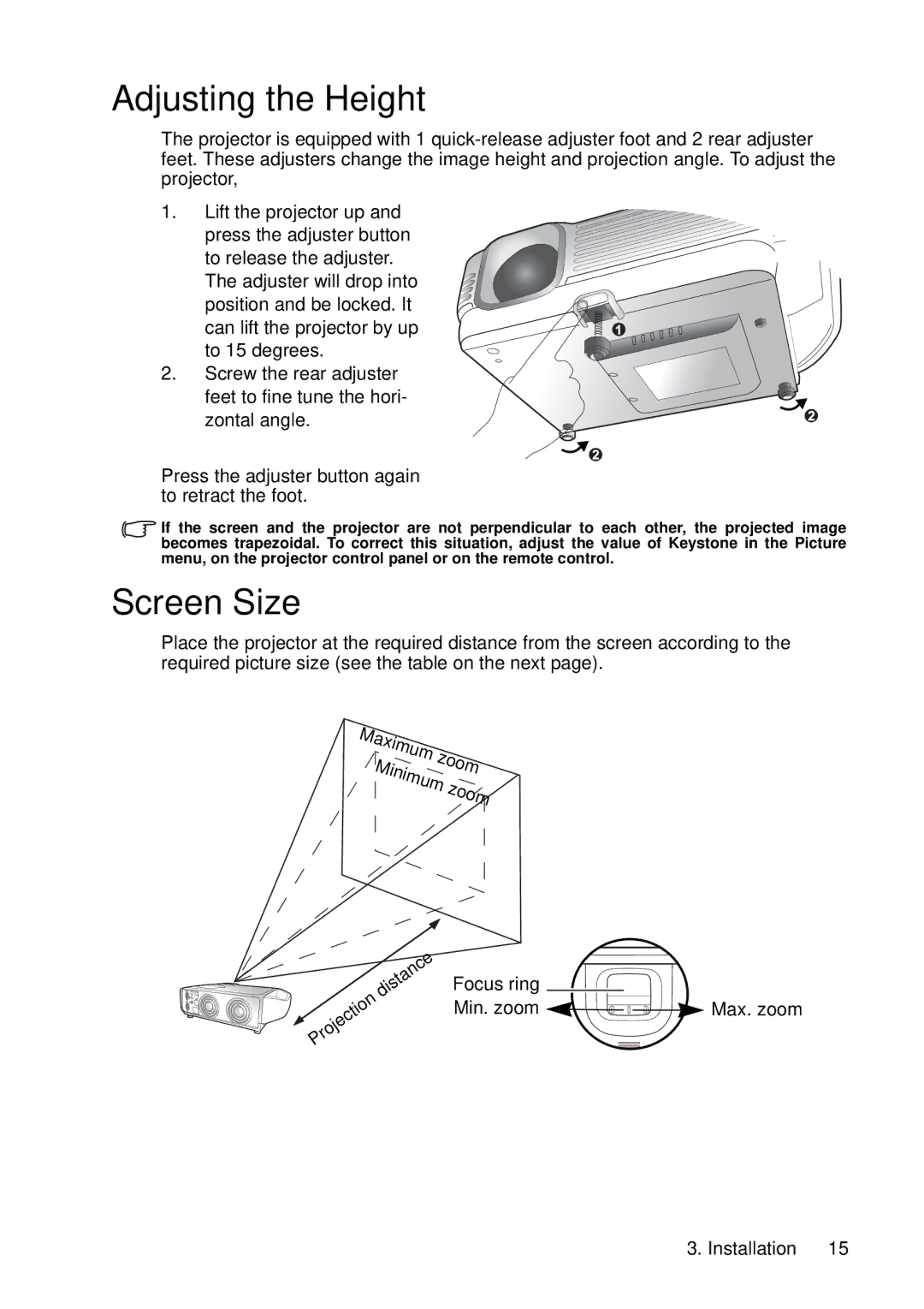 HP vp6220, vp6210 manual Adjusting the Height, Screen Size 