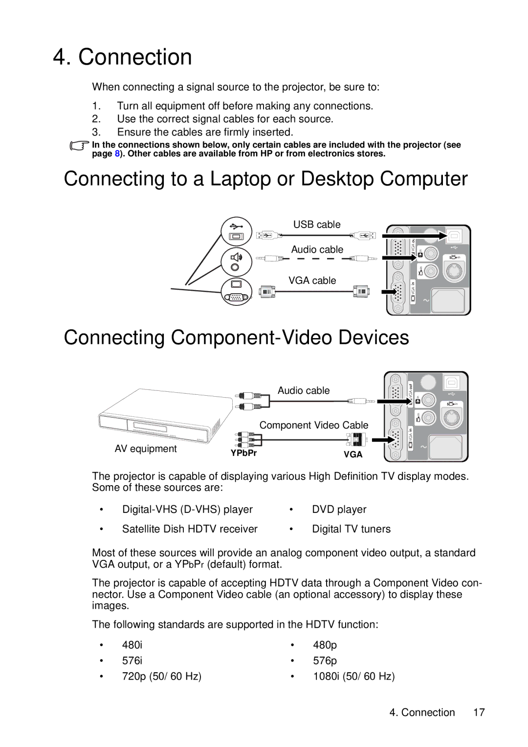 HP vp6220, vp6210 manual Connection, Connecting to a Laptop or Desktop Computer, Connecting Component-Video Devices 