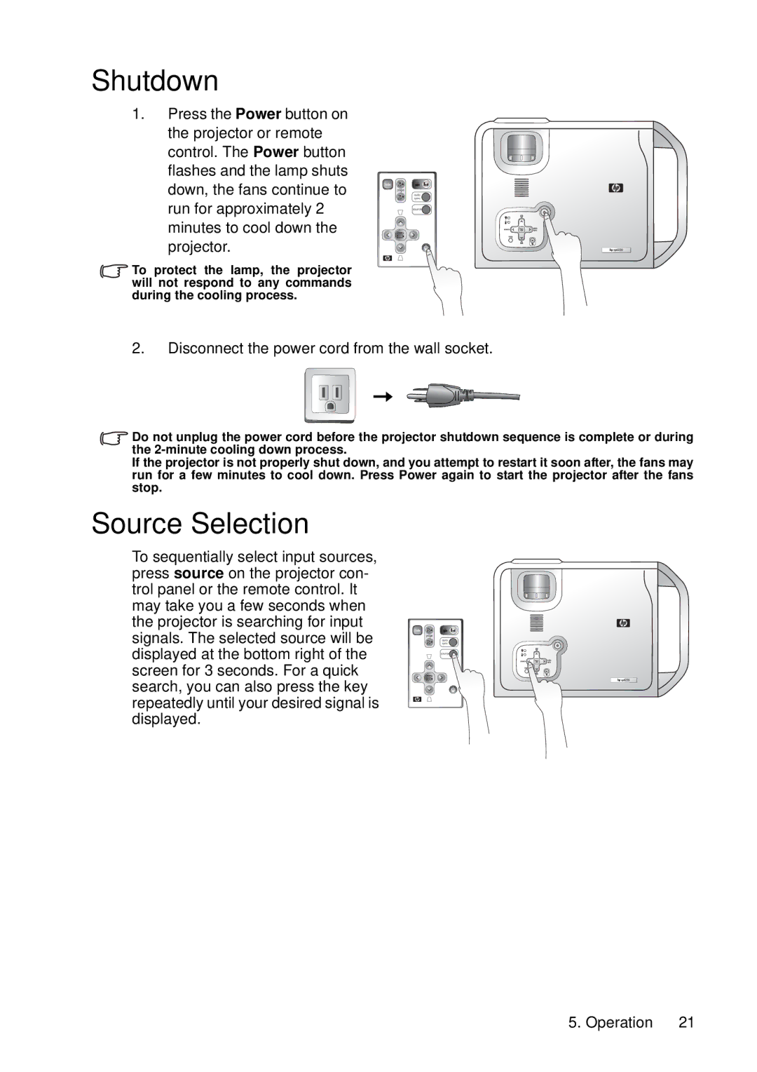 HP vp6220, vp6210 manual Shutdown, Source Selection 