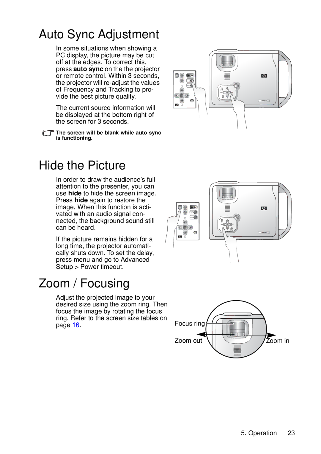 HP vp6220, vp6210 manual Auto Sync Adjustment, Hide the Picture, Zoom / Focusing 