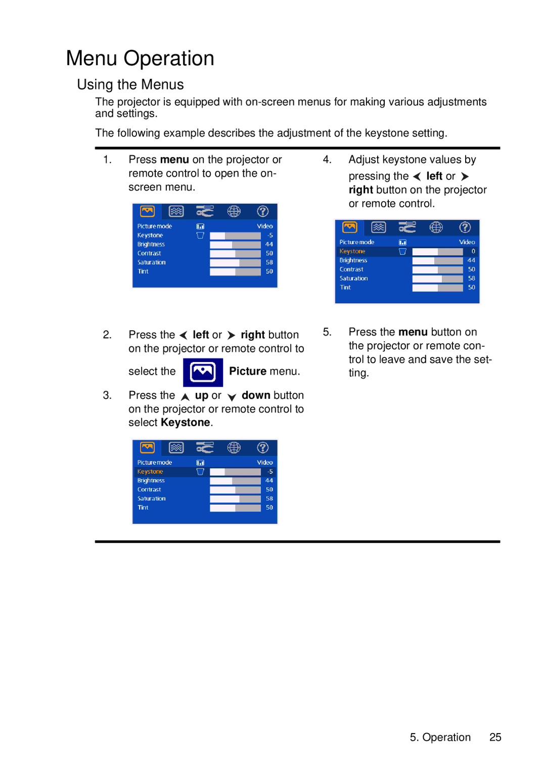 HP vp6220, vp6210 manual Menu Operation, Using the Menus 